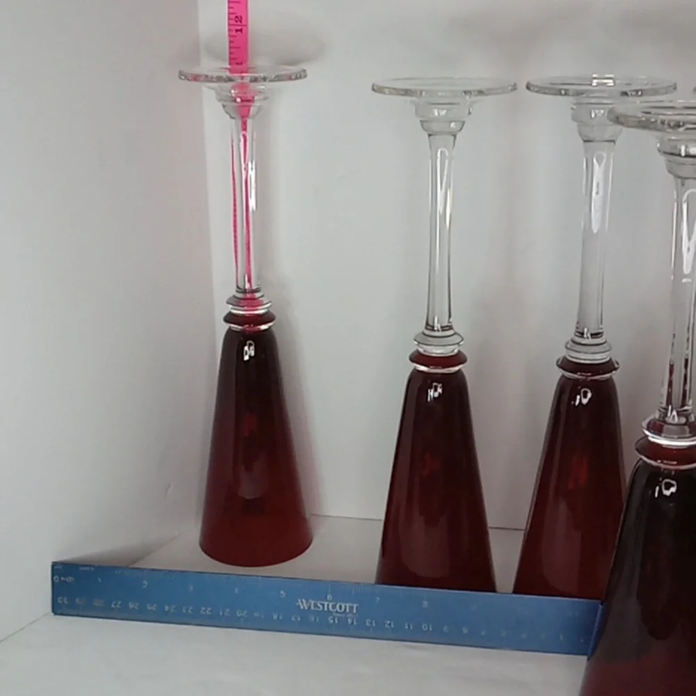 Vintage Ruby Red Ribbed Crystal Tall Stemmed Champagne Flutes Glasses Set Of 5